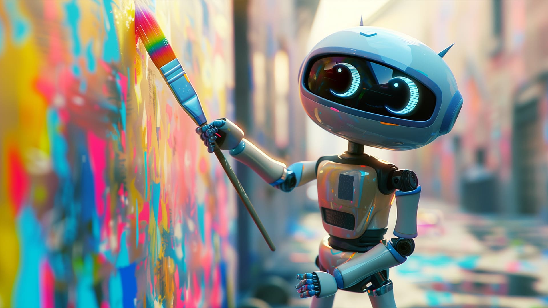 Petit robot peignant un mur coloré pour illustrer l’acceptation de soi et la créativité intérieure